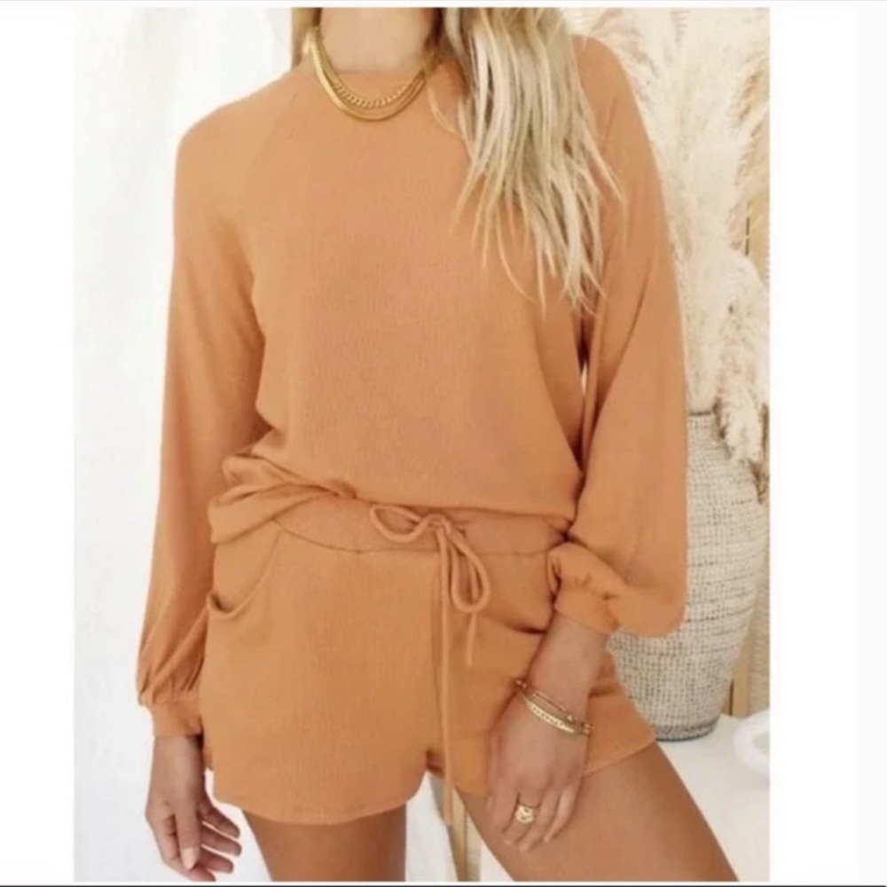 12th Tribe Rust Orange Ribbed Balloon Sleeve Loungewear Top, Size Small